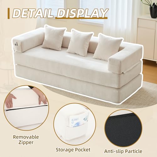 Corduroy Convertible Sleeper Sofa Bed with Pillow, Beige O72530