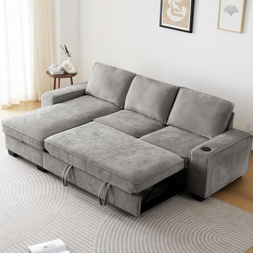Convertible Sleeper Sofa Bed L Shaped with Storage Chaise, Gray N77725
