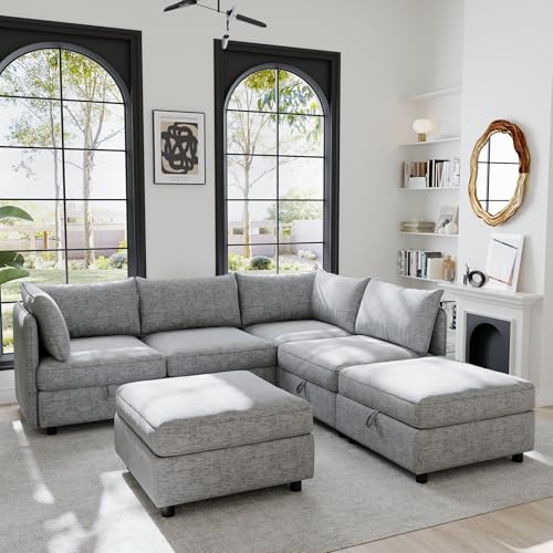 Modular Storage Sectional Sofa with Movable Ottomans, U-Shaped Chenille U839651