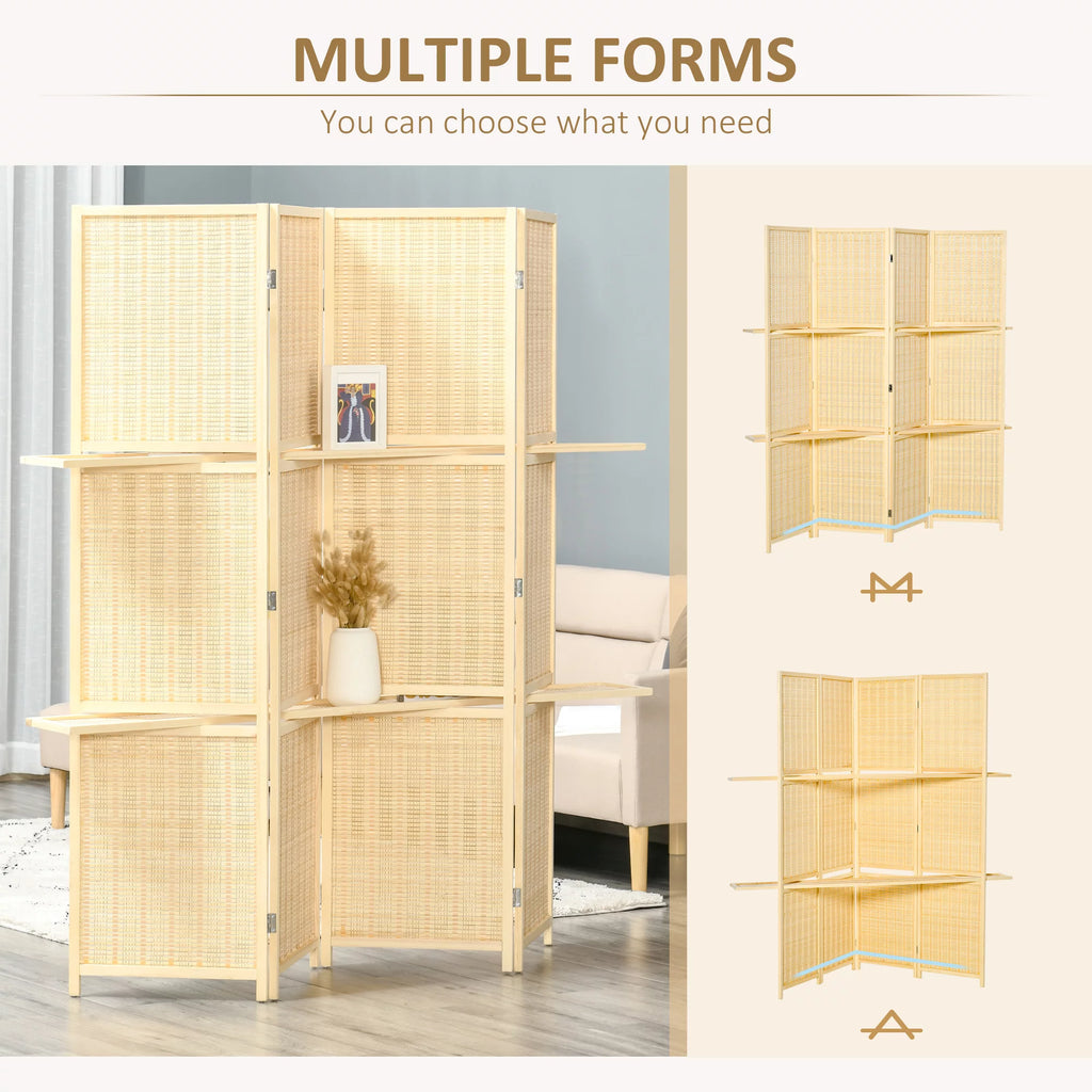 4-Panel Folding Room Divider, 6 Ft Freestanding Bamboo Privacy Screen with Storage Shelves I21393