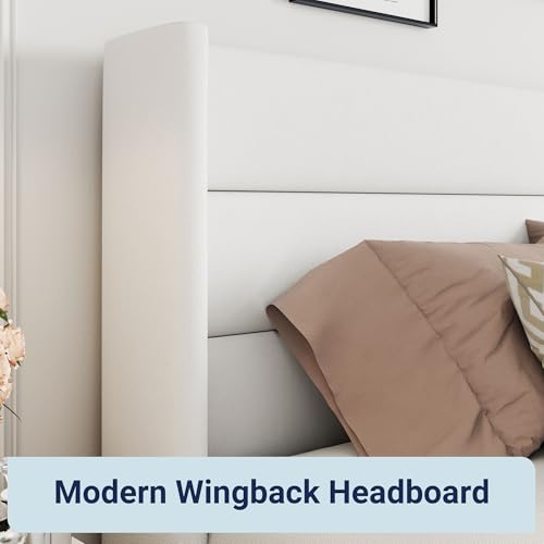 Full Size Lift Up Storage Bed with Wingback Headboard, Hydraulic Support, Light Beige P736605