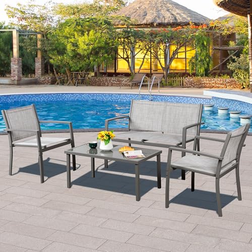 Patio Furniture Set with Glass Coffee Table, 4 Pieces, Black Q940