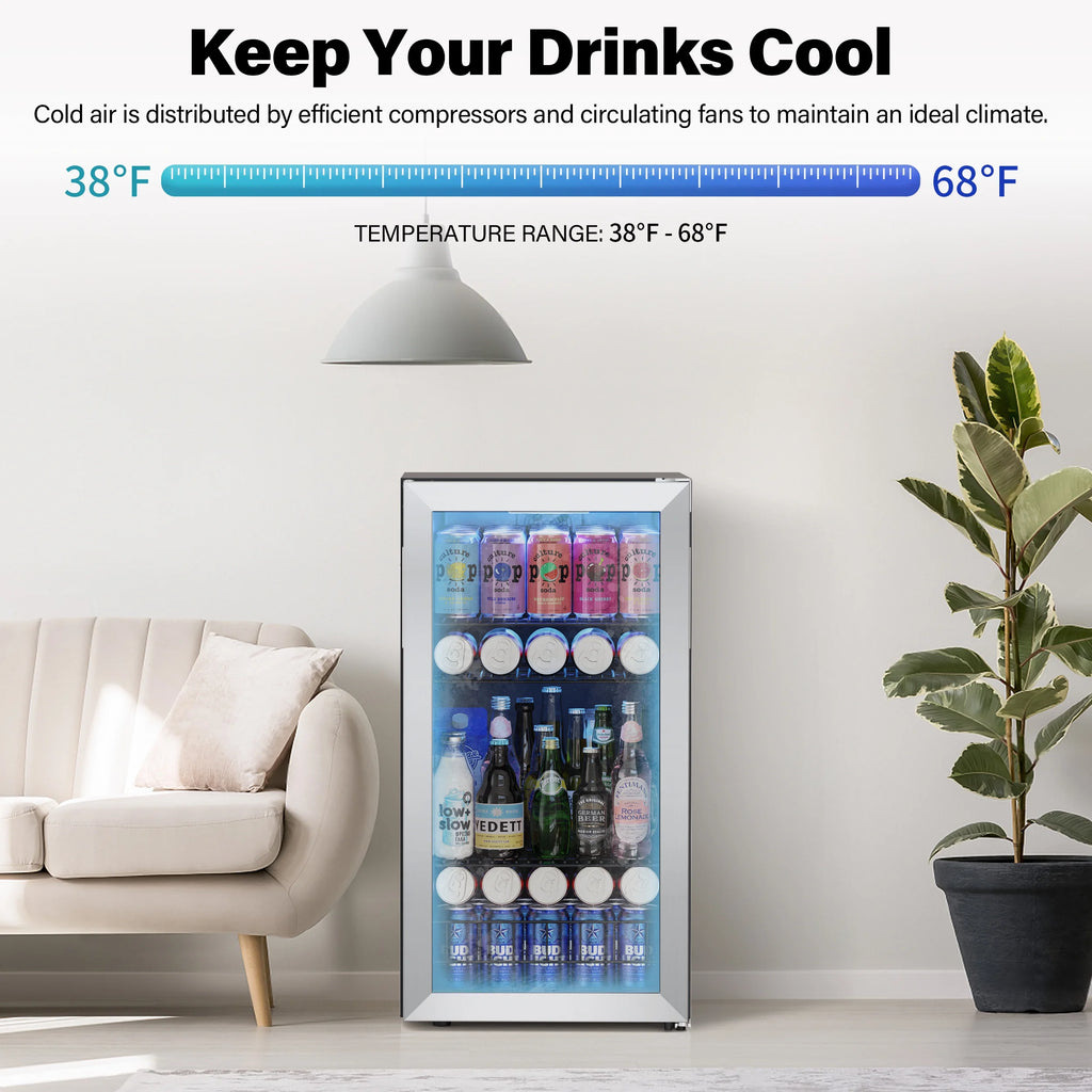 Freestanding Compact Mini Drink Fridge with Glass Door, 95-121 Can M508