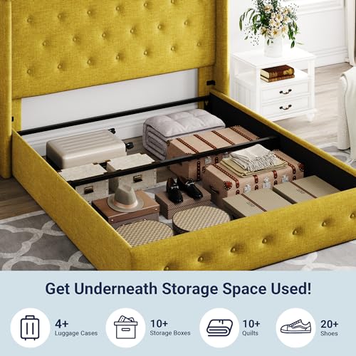 Full Size Lift Up Storage Bed with Wingback Headboard, Hydraulic Support, Light Beige P736605