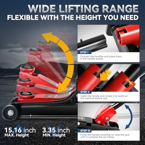 4 Ton Low Profile Floor Jack, Heavy Duty Steel Hydraulic with Dual Pistons Quick Lift Pump P3195