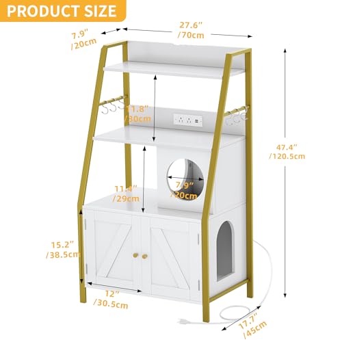 Cat Litter Box Enclosure with Shelves and Charging Station, Wooden Cabinet, Gold White Q367997