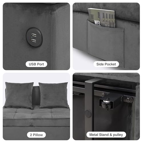Sofa Bed Convertible Pull Out Couch with 2 Throw Pillows, Dark Grey Z539533