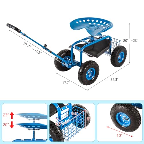Garden Cart Rolling Work Seat with Tool Tray and Storage Basket M2128