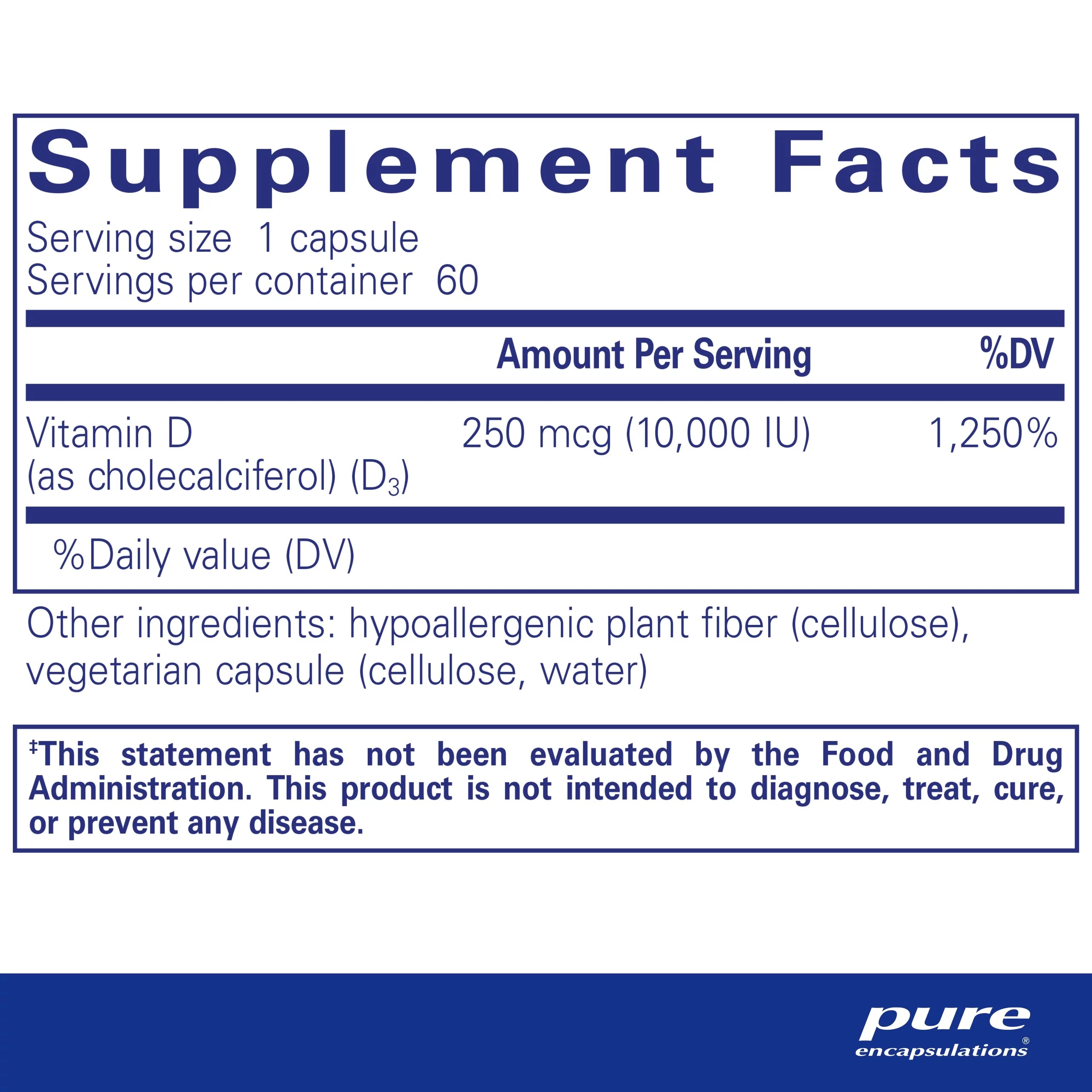 Vitamin D3 250 mcg (10,000 IU) Supplement, 60 Capsules L547