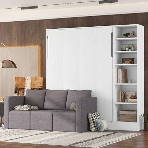 Murphy Bed Queen Size with Cushion, Foldable Sofa Bed Frame with Slat Support, White C2974