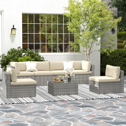 Outdoor Patio Furniture Set with Glass Tea Table, PE Rattan Wicker, Washable Cushions, Grey K8525