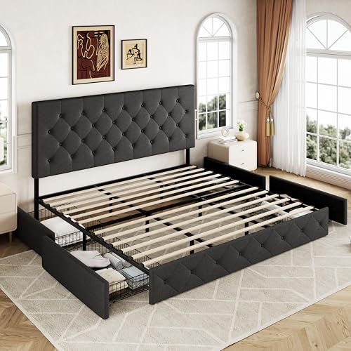 Upholstered Queen Platform Bed Frame with 4 Storage Drawers and Headboard G724955