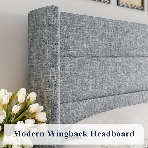 Full Size Lift Up Storage Bed with Wingback Headboard, Hydraulic Support, Light Beige P736605