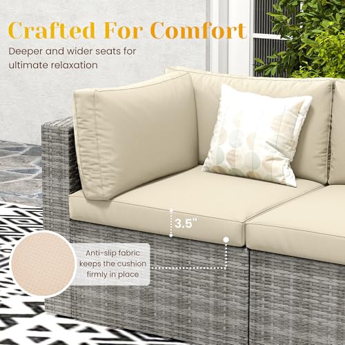 Outdoor Patio Furniture Set with Glass Tea Table, PE Rattan Wicker, Washable Cushions, Grey K8525