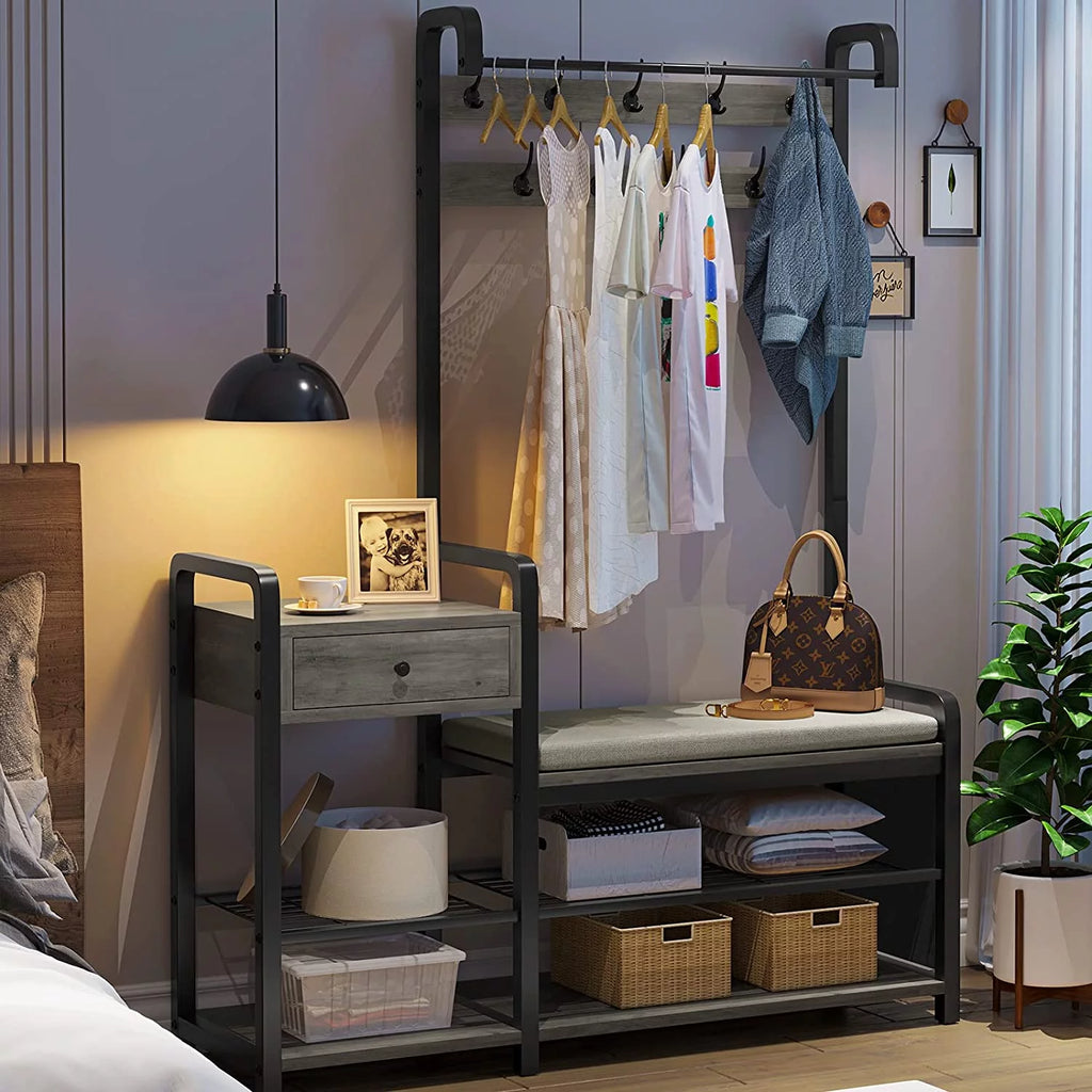 Hall Tree Entryway Bench with Shoe Rack, Coat Storage and Cushion H2209