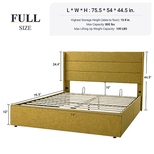 Full Size Lift Up Storage Bed with Wingback Headboard, Hydraulic Support, Light Beige P736605