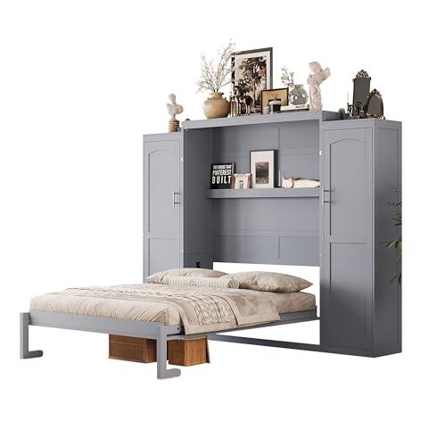 Murphy Bed with Two Wardrobes and Storage Shelf for Small Bedrooms A623