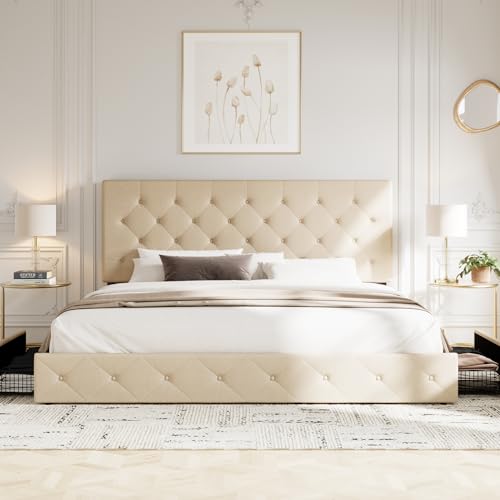 Upholstered Queen Platform Bed Frame with 4 Storage Drawers and Headboard G724955
