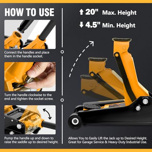Floor Jack 3 Ton Capacity, Low Profile Heavy Duty Hydraulic Car Jack, Lifting Range 3"-20" O821
