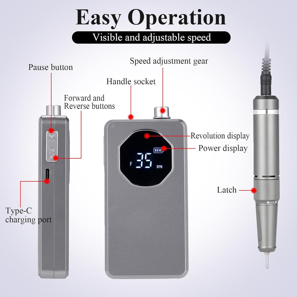 Nail Drill Machine, Portable Rechargeable for Acrylic Nails N9038