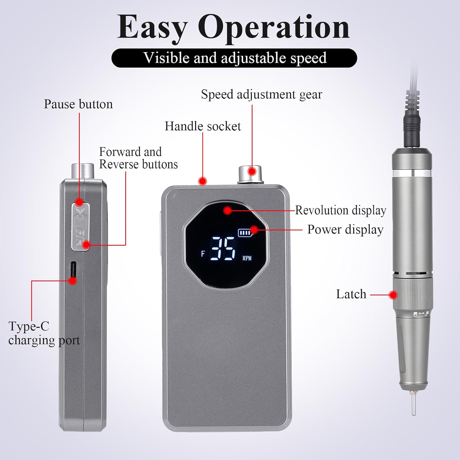 Nail Drill Machine, Portable Rechargeable for Acrylic Nails N9038