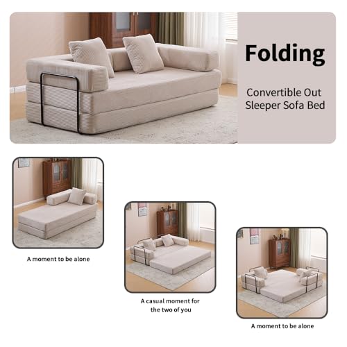 Corduroy Convertible Sleeper Sofa Bed with Pillow, Beige O72530