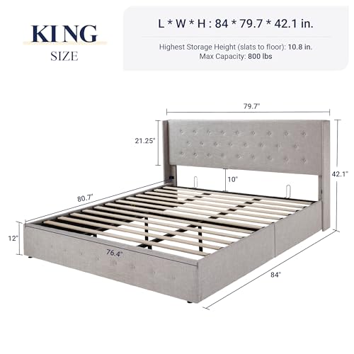 Full Size Lift Up Storage Bed with Wingback Headboard, Hydraulic Support, Light Beige P736605