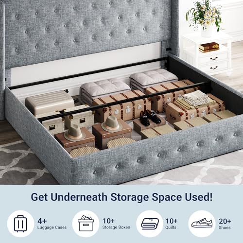 Full Size Lift Up Storage Bed with Wingback Headboard, Hydraulic Support, Light Beige P736605