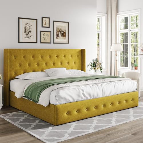 Full Size Lift Up Storage Bed with Wingback Headboard, Hydraulic Support, Light Beige P736605