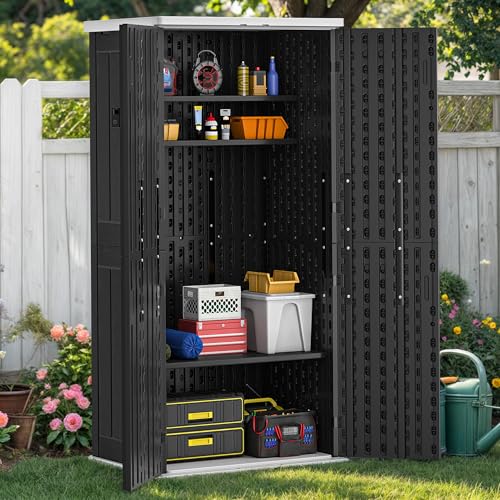 Outdoor Storage Cabinet with 2 Shelves, Waterproof Resin Tool Shed, Lockable, Dark Gray M33386