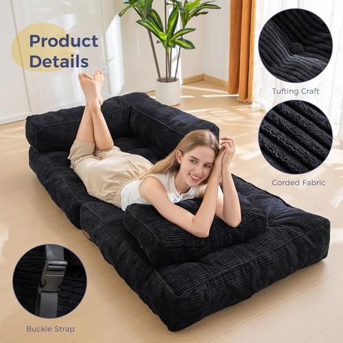 Folding Sofa Bed, L-Shaped Convertible Sleeper Couch with Armrest and Pillow, Dark Grey M375676