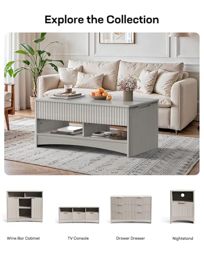 Lift Top Coffee Table with Open and Hidden Storage, Modern Fluted Design S200567
