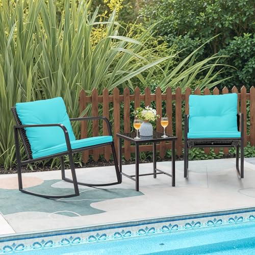 3 Piece Rocking Wicker Bistro Set with Glass Coffee Table J90293