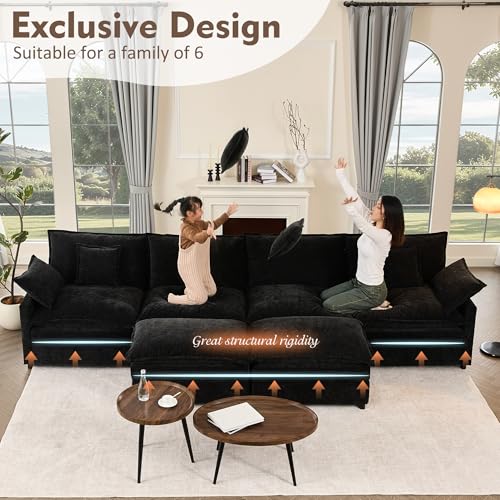 U Shaped Modular Sectional Sofa with Ottoman, Chenille, Black Z16537
