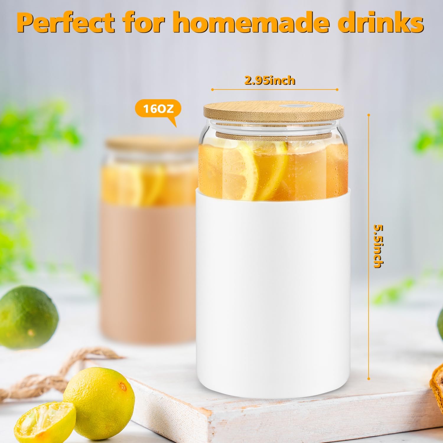 Glass Cups with Bamboo Lids and Straws, 16oz, 2 Pack F41865