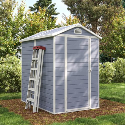 Outdoor Storage Shed with Window, Resin Garden Tool Shed with Lockable Doors W5772