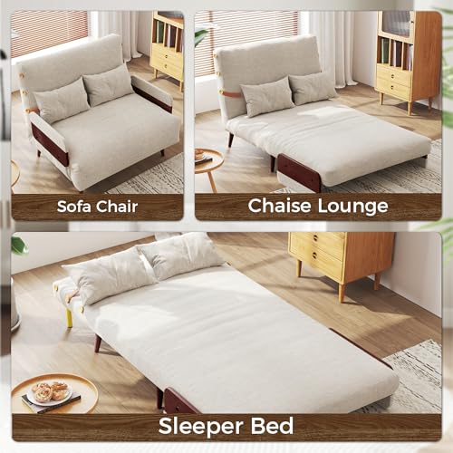 Convertible Chair Bed Sleeper for Adults, Linen with Wooden Arms & Pillows, Foldable Single Futon Sofa Bed Q683821
