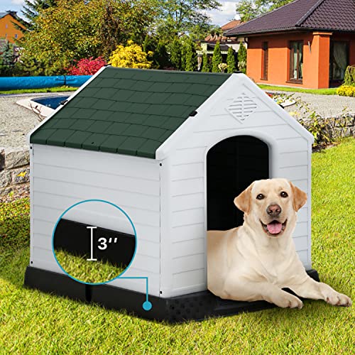 White Large Dog House Indoor Outdoor Waterproof Plastic Pet Shelter Kennel with Elevated Floor S1257