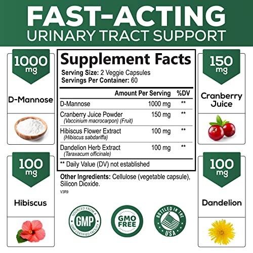 D-Mannose & Cranberry Extract 1350mg Urinary Tract Health Support, Non-GMO, Vegan - 180 Capsules V8980
