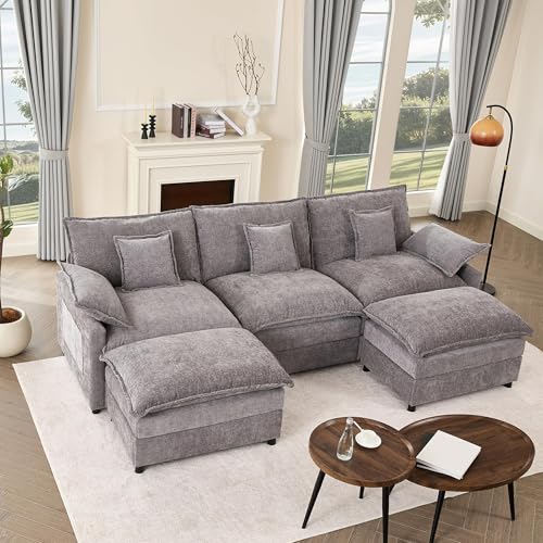 U Shaped Modular Sectional Sofa with Ottoman, Chenille, Black Z16537