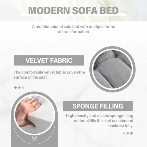 Convertible Sofa Bed, 3 in 1 Velvet Sleeper with Adjustable Backrest, Gray K13376
