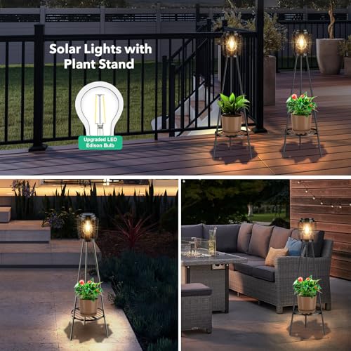 Solar Lights Outdoor with Plant Stands, Metal Tripod Patio Lamp B77585