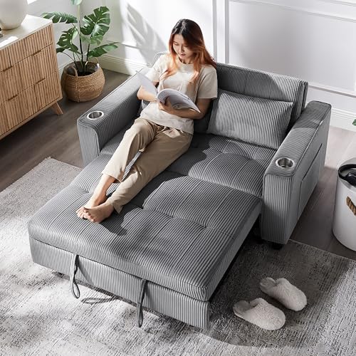 3 in 1 Convertible Sleeper Sofa Bed, Corduroy Pull Out Futon Couch with Charging Station & Cup Holder, Folding Loveseat Sofa Bed with Side Pocket, Light Grey W412