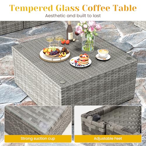 Outdoor Patio Furniture Set with Glass Tea Table, PE Rattan Wicker, Washable Cushions, Grey K8525