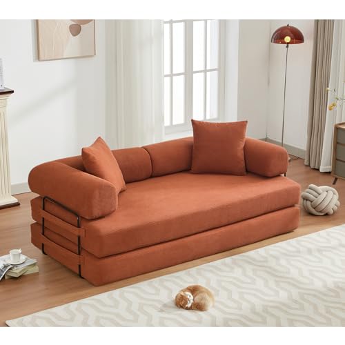Corduroy Convertible Sleeper Sofa Bed with Pillow, Beige O72530