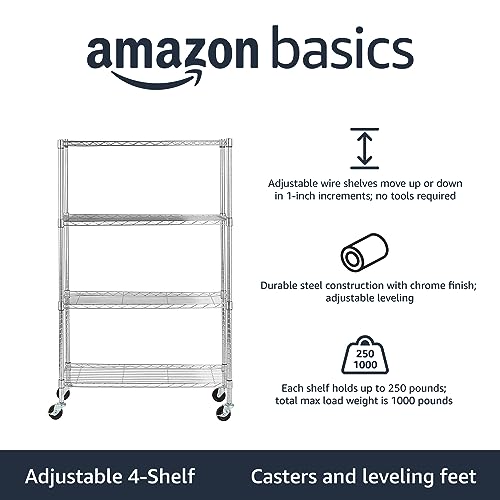 5-Shelf Adjustable Heavy Duty Storage Shelving Unit on Wheel Casters, Metal Wire Rack, Black A697