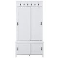 Multifunctional Hall Tree with Sliding Doors, Wooden Hallway Shoe Cabinet with Storage Bench and Shelves, Mudroom Coat Storage with Hanging Hooks for Entryways, White