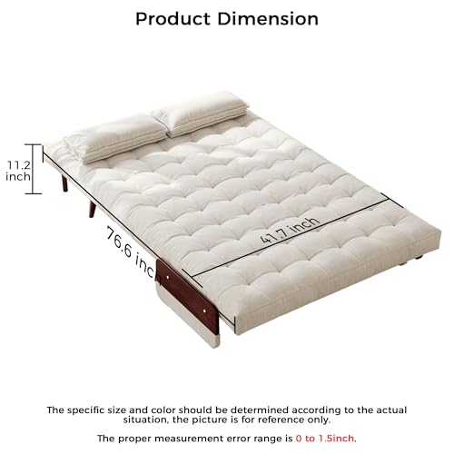 Convertible Chair Bed Sleeper for Adults, Linen with Wooden Arms & Pillows, Foldable Single Futon Sofa Bed Q683821