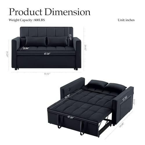 Convertible Sleeper Sofa Couch Bed with USB Port, Adjustable Backrest, Light Grey G549