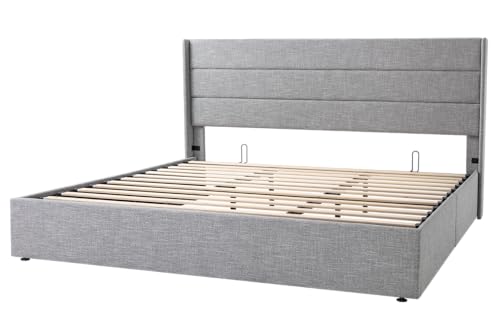 Full Size Lift Up Storage Bed with Wingback Headboard, Hydraulic Support, Light Beige P736605